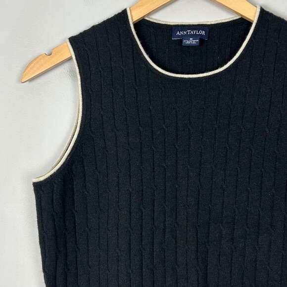 Y2K Ann Taylor Black Cashmere Cable Knit Sweater Vest/Shell Preppy Tennis Prep S - Picture 2 of 4